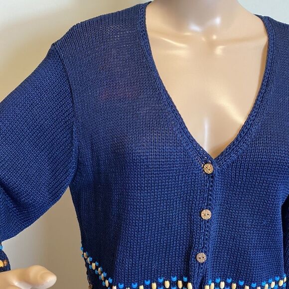 ❤️Last Chance Liz Claiborne navy blue V-neck beaded cardigan sweater Size LP - Picture 2 of 7